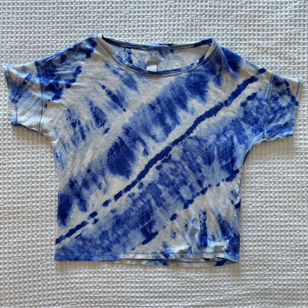 Chico's Women's Size 1 Linen Tie-Dye Relaxed  Tee Short Sleeve Lightweight Blue